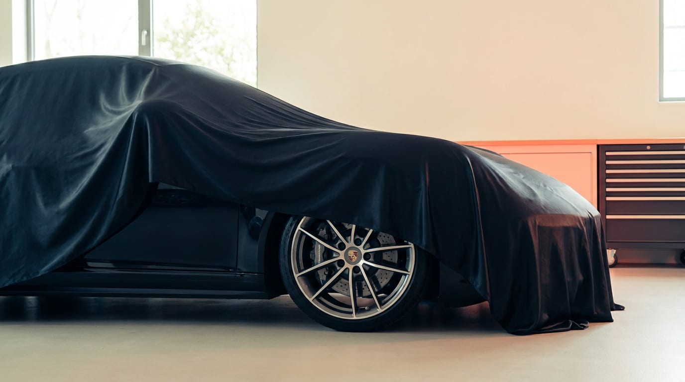 Nowy, flagowy model Porsche z potężnym silnikiem spalinowym, częściowo zakryty płachtą.