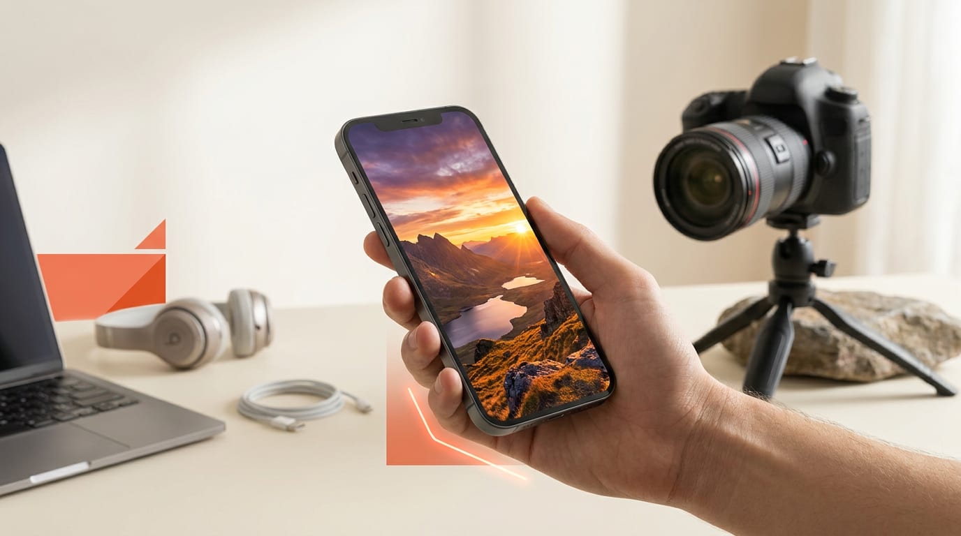 Nowoczesny smartfon w dłoni robiący zdjęcie krajobrazu o zachodzie słońca, symbolizując zaawansowane możliwości aparatu w telefonie.