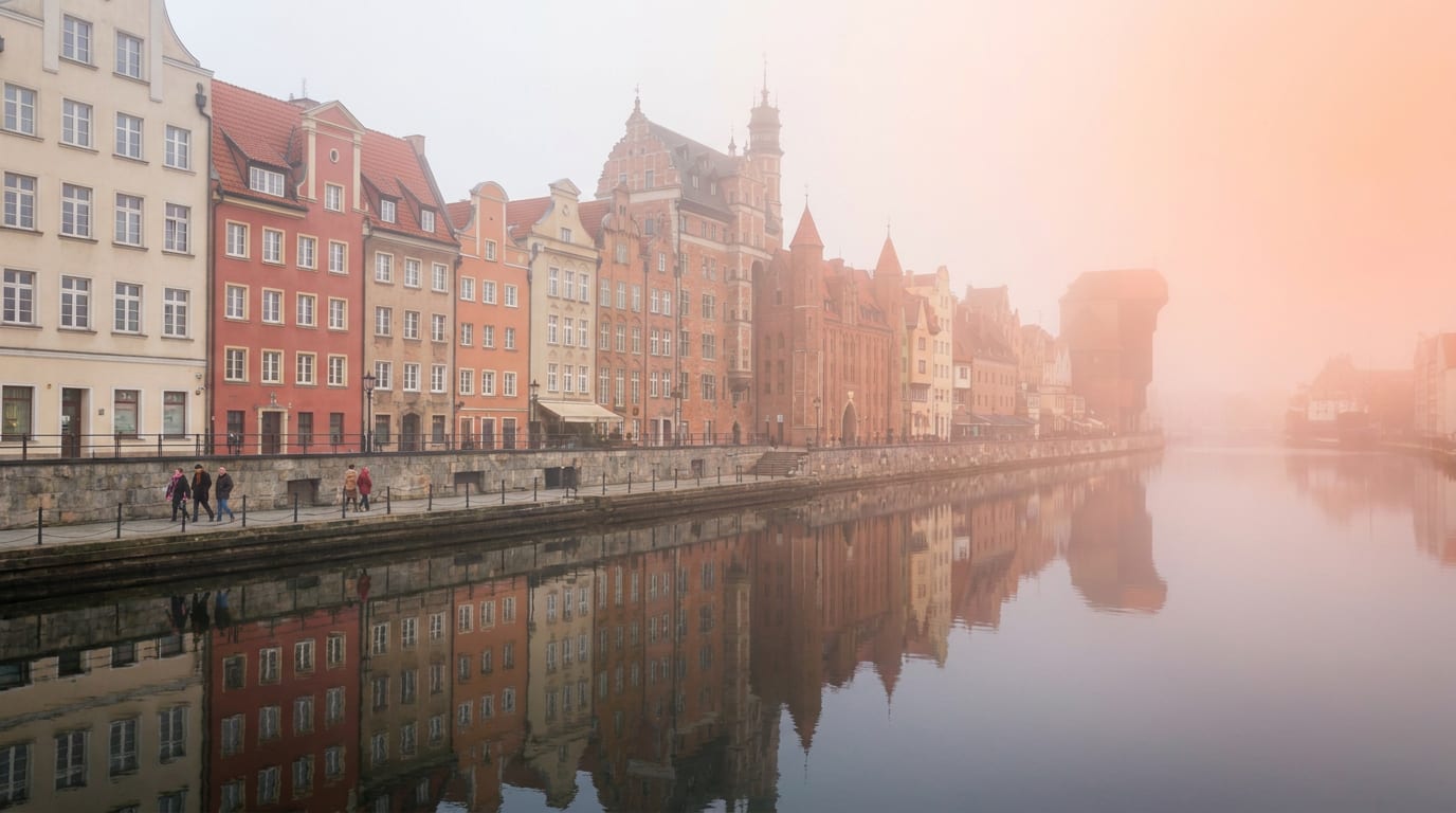 Klimatyczny widok na gdańską starówkę i Motławę jesienią o poranku.