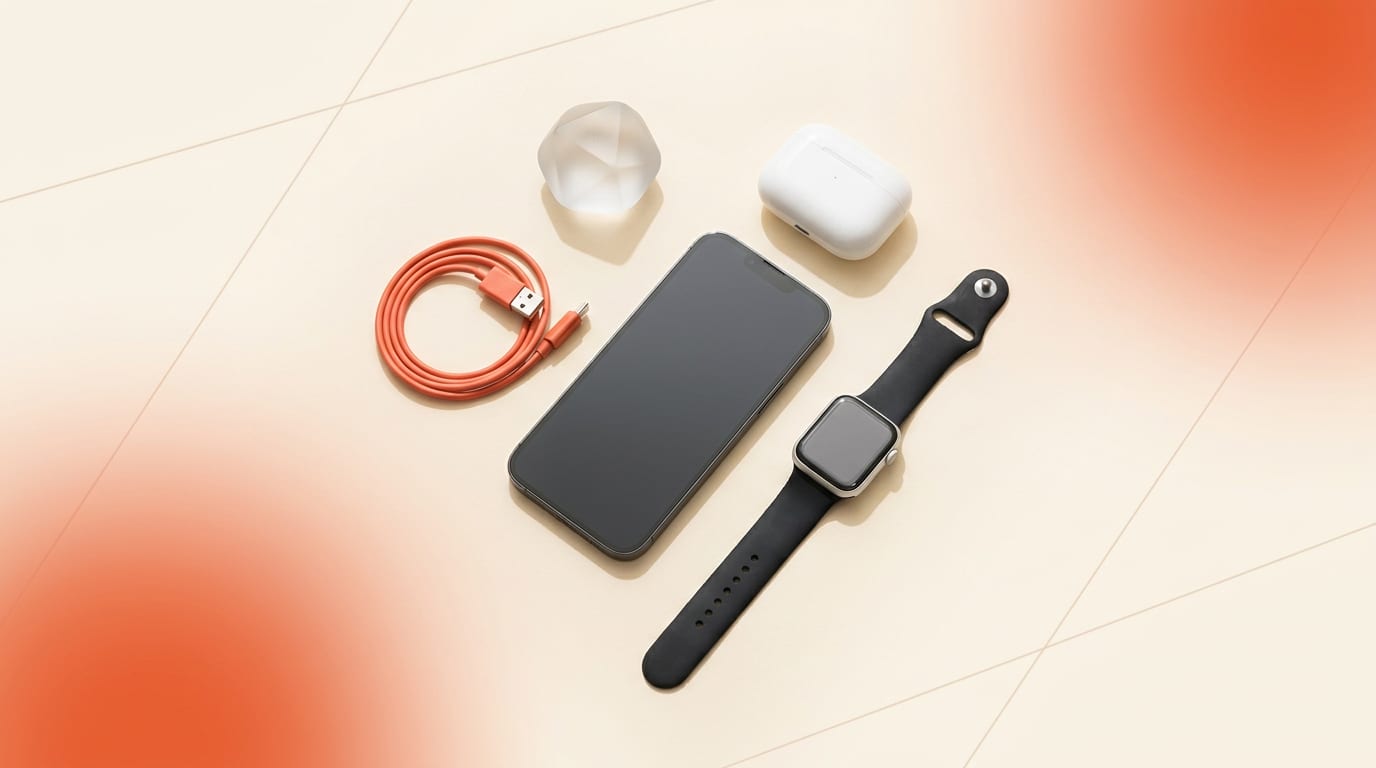 Nowoczesny smartfon, słuchawki bezprzewodowe i smartwatch na jasnym tle