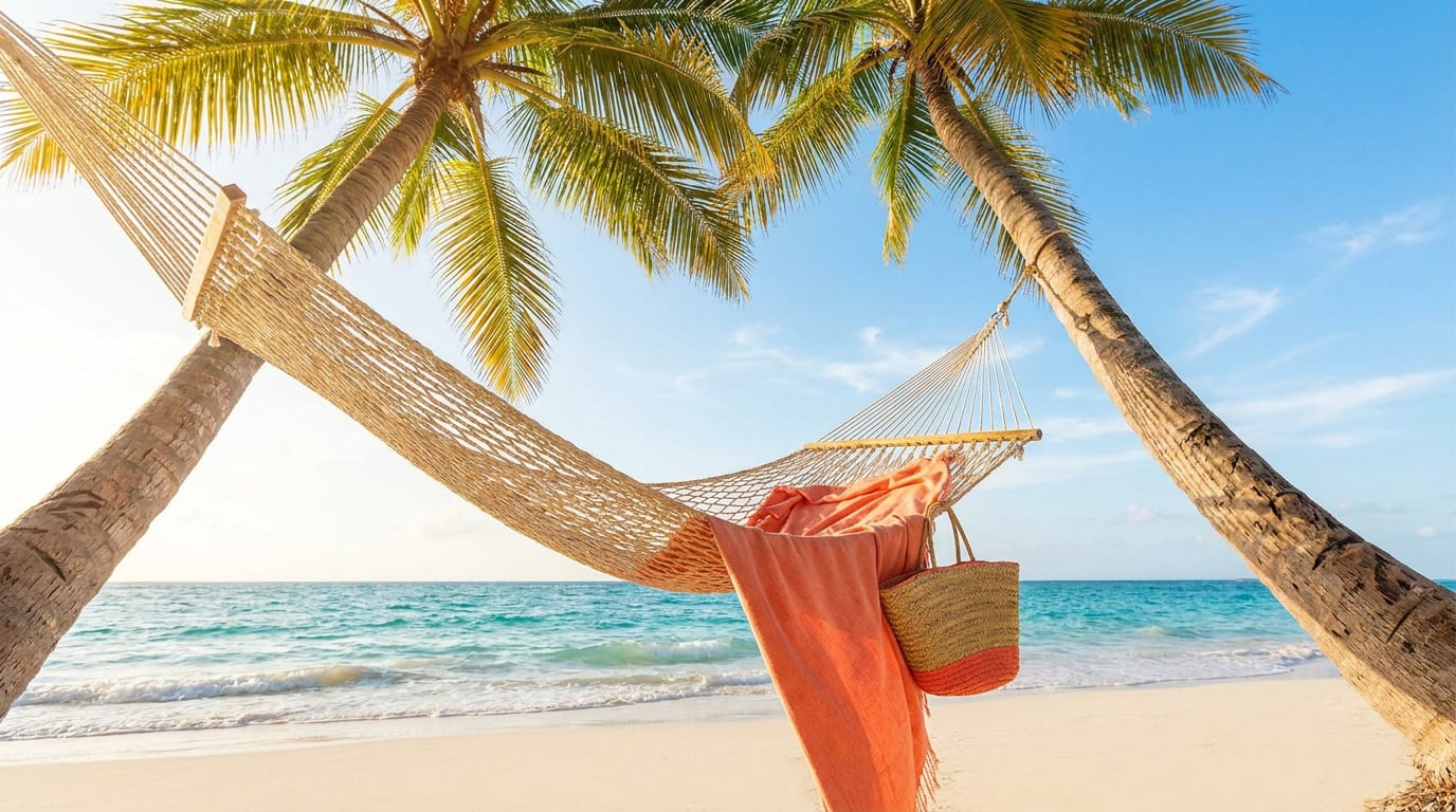 Hamak zawieszony między palmami na rajskiej plaży na Dominikanie.