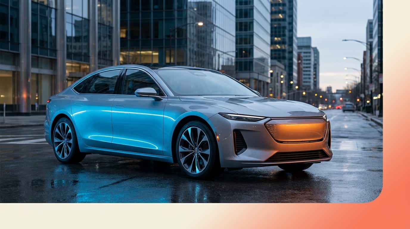 Nowoczesny sedan o futurystycznym wyglądzie, symbolizujący wybór między napędem elektrycznym a spalinowym.