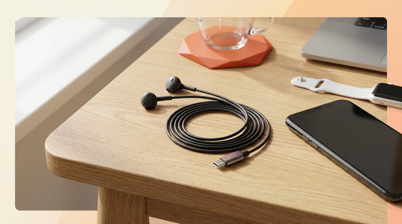 Nowoczesne słuchawki douszne na kablu z końcówką USB-C leżące obok smartfona.