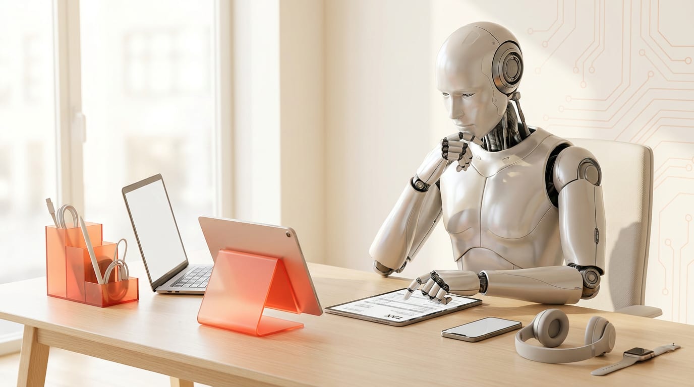 Humanoidalny robot siedzi przy biurku i analizuje dokument podatkowy.
