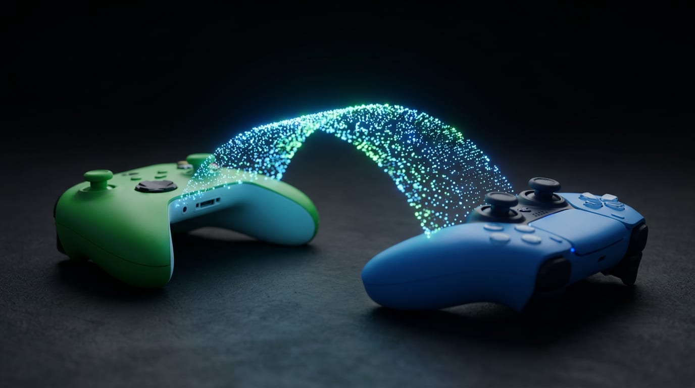 Kontroler Xbox i PlayStation połączone cyfrowym mostem, symbolizujące koniec wojen konsolowych i współpracę platform.