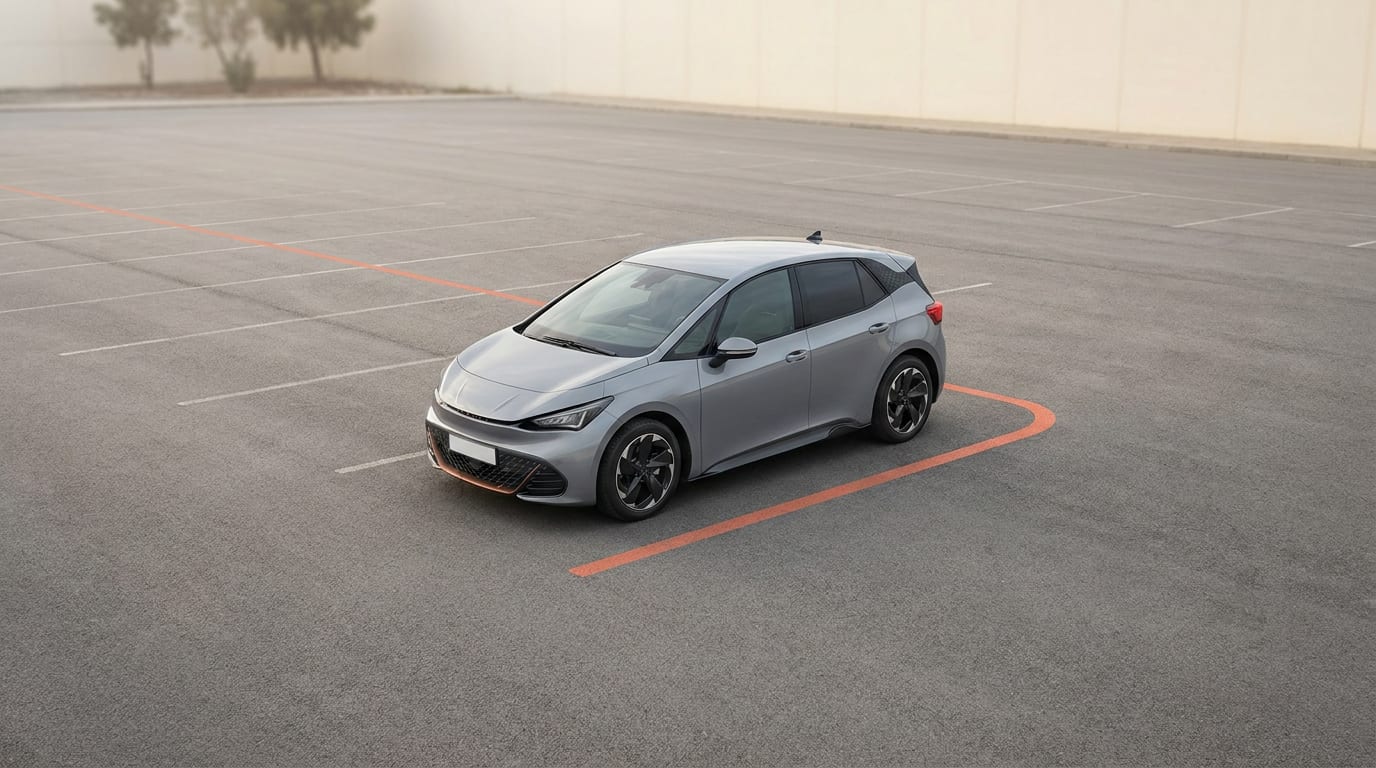 Mały, niebieski samochód elektryczny stojący samotnie na pustym parkingu, symbolizujący niskie zainteresowanie tanimi modelami.
