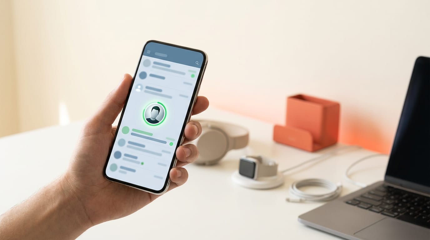 Smartfon z włączoną aplikacją WhatsApp, na ekranie widać listę kontaktów z zielonym kółkiem statusu wokół jednego ze zdjęć profilowych.