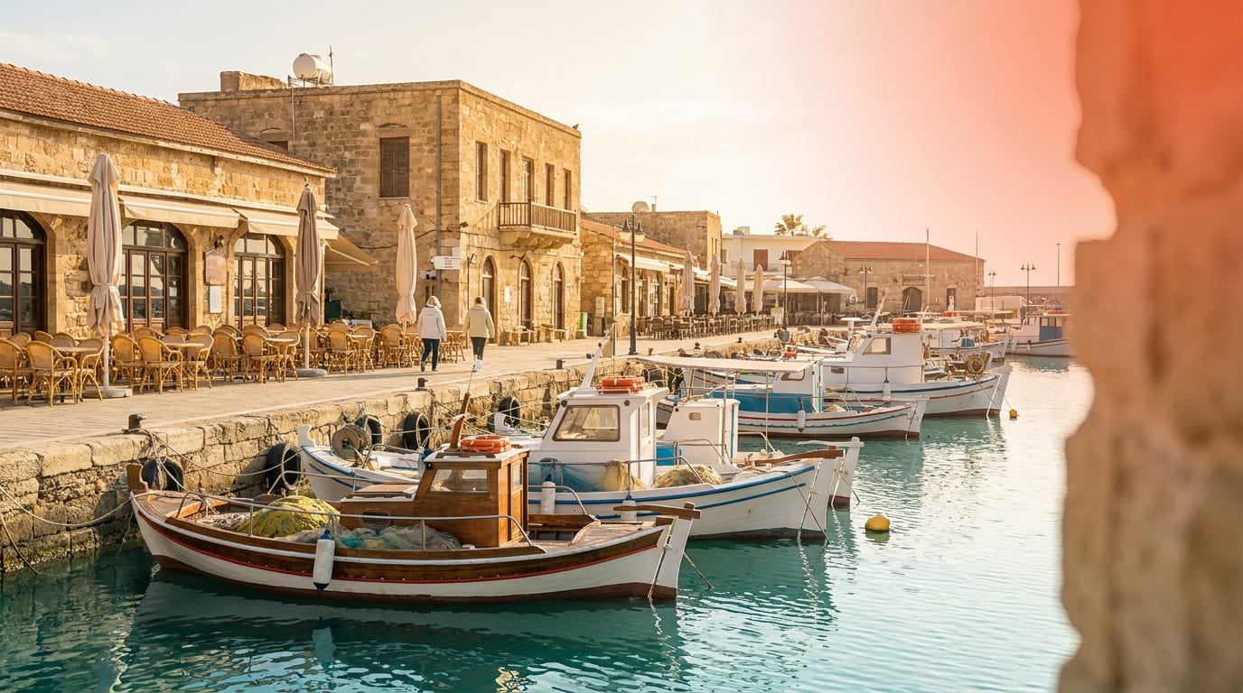 Słoneczny port w Pafos na Cyprze z łodziami rybackimi i przybrzeżnymi tawernami w spokojny dzień.