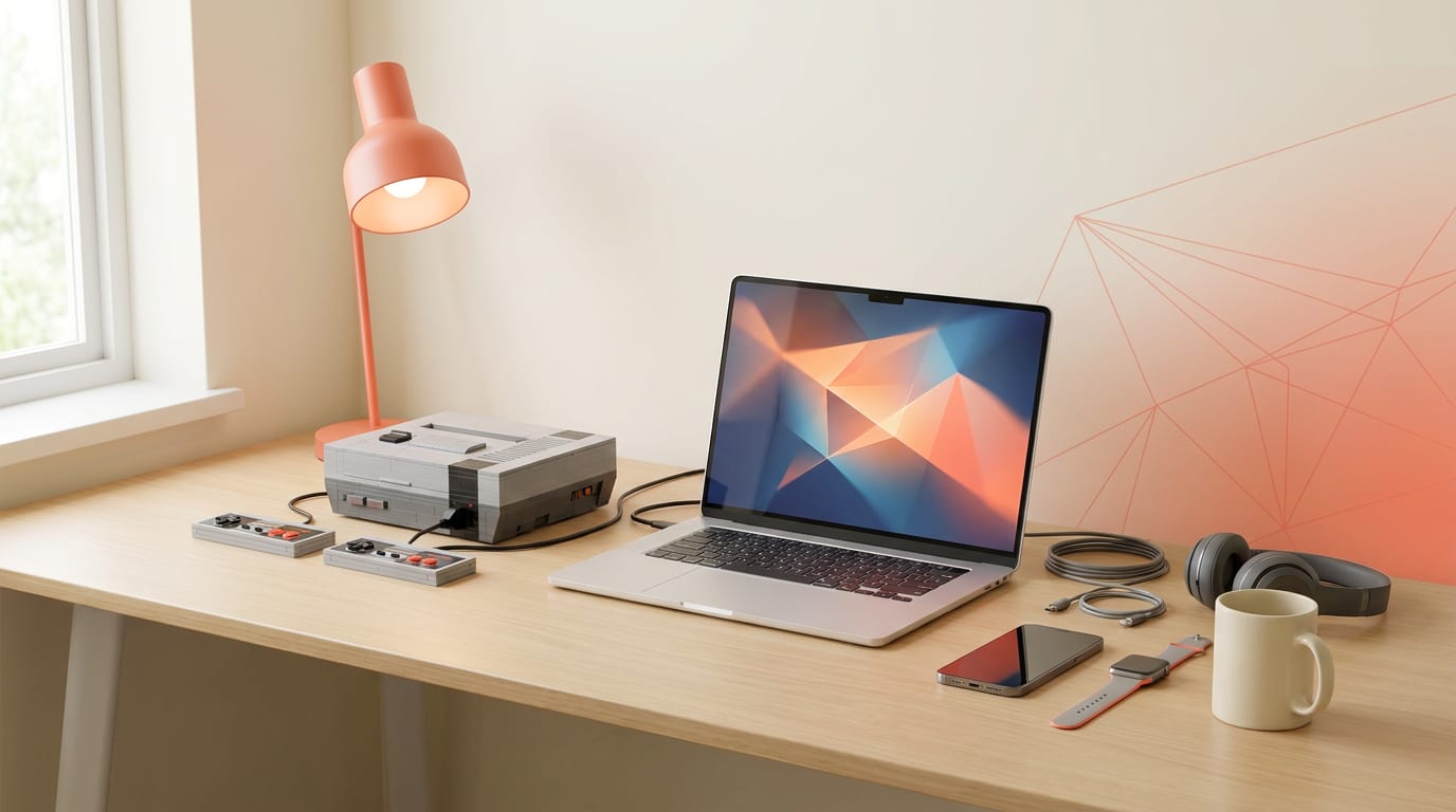Konsola do gier w stylu retro zbudowana z klocków, stojąca na biurku obok nowoczesnego laptopa.