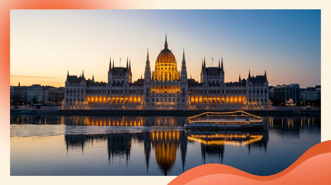 Widok na oświetlony budynek Parlamentu w Budapeszcie o zmierzchu, odbijający się w rzece Dunaj.