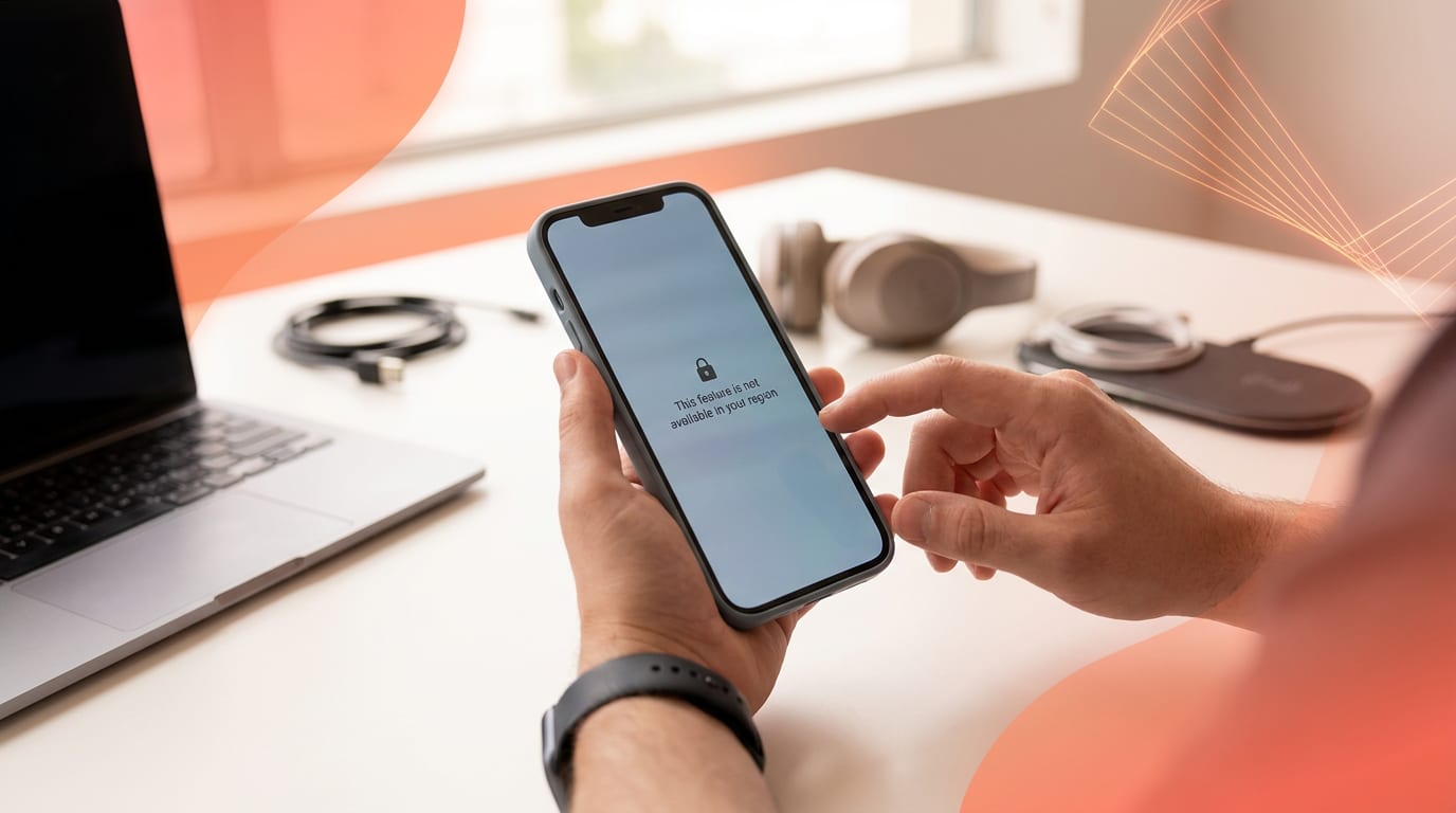 Osoba trzymająca smartfon z komunikatem o niedostępności funkcji w jej regionie.