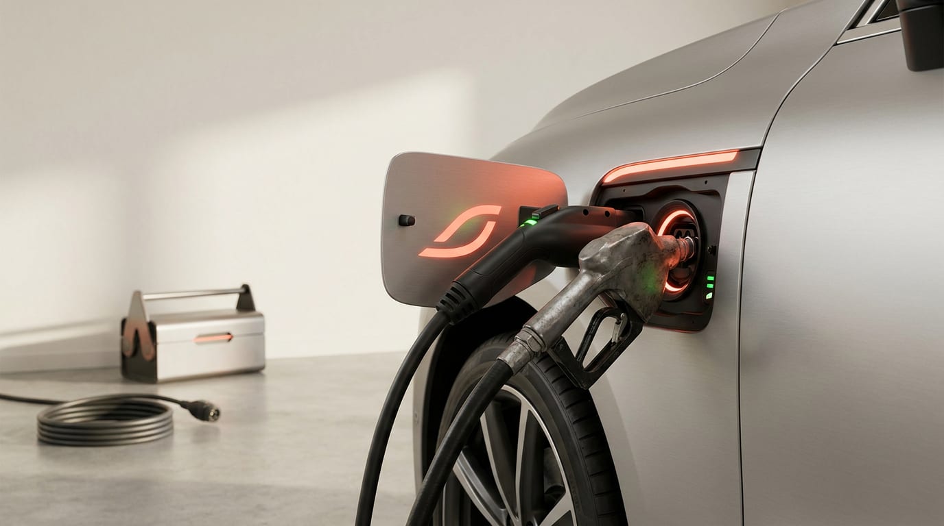 Gniazdo ładowania samochodu, do którego podłączono kabel elektryczny i pistolet dystrybutora paliwa.