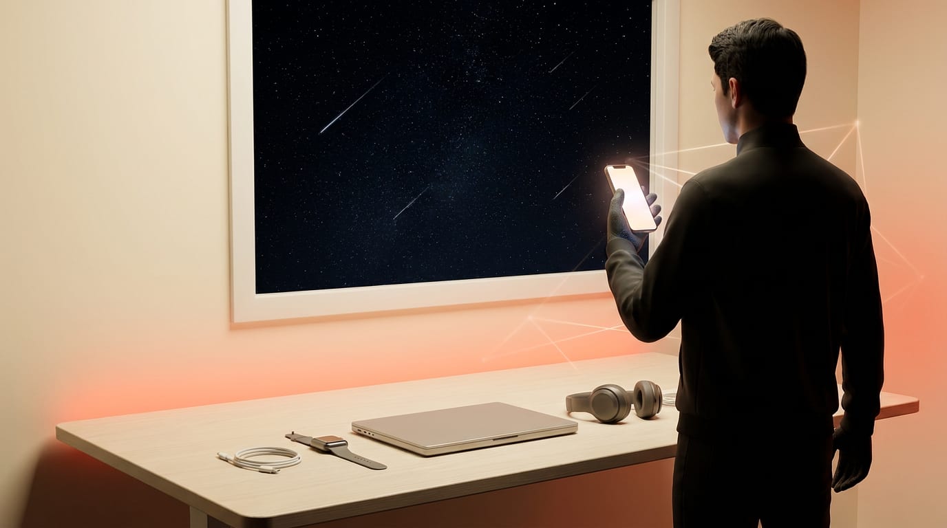 Osoba trzymająca smartfon i fotografująca rozgwieżdżone niebo z deszczem meteorów.
