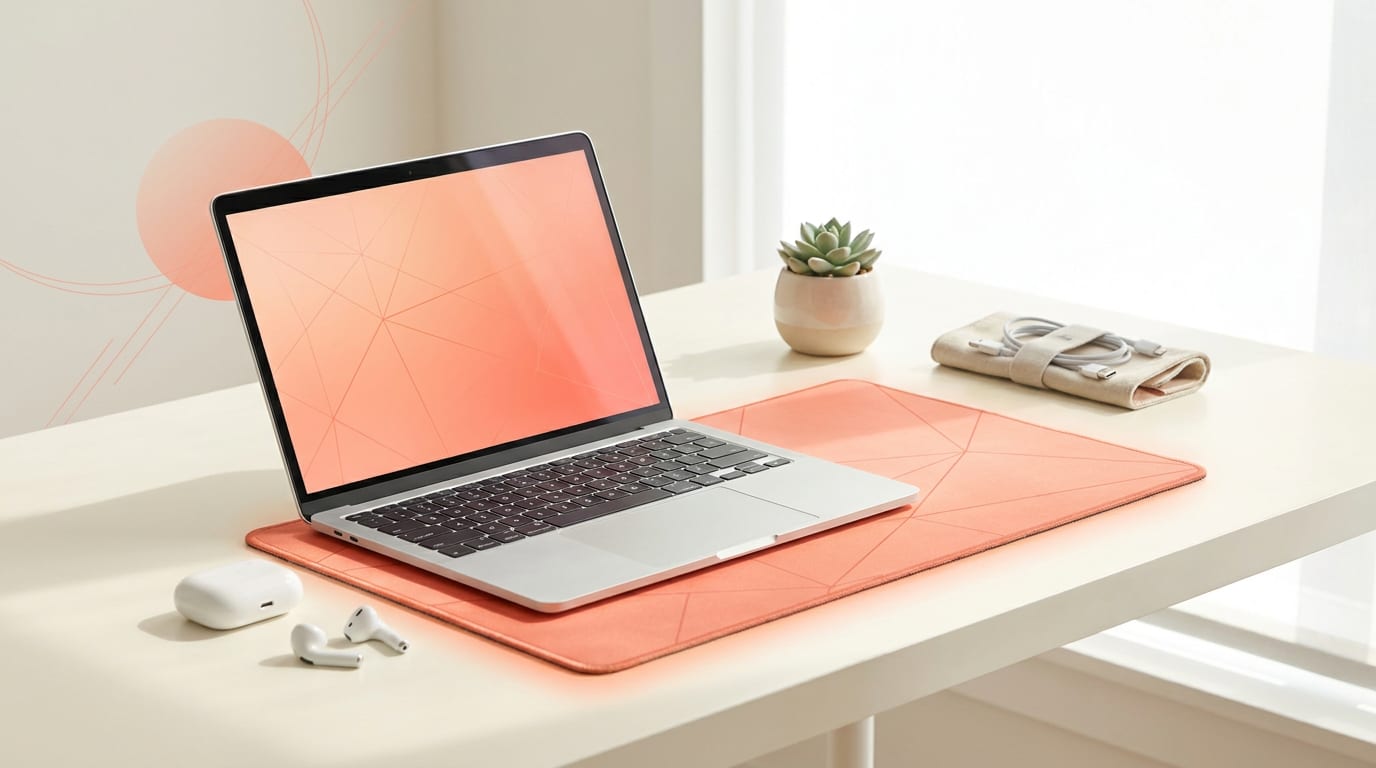 Bezprzewodowe słuchawki douszne leżące obok otwartego laptopa na biurku.