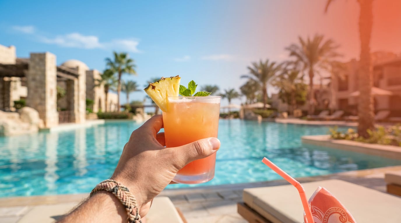 Kolorowy drink trzymany w dłoni na tle basenu i palm w słonecznym kurorcie w Egipcie