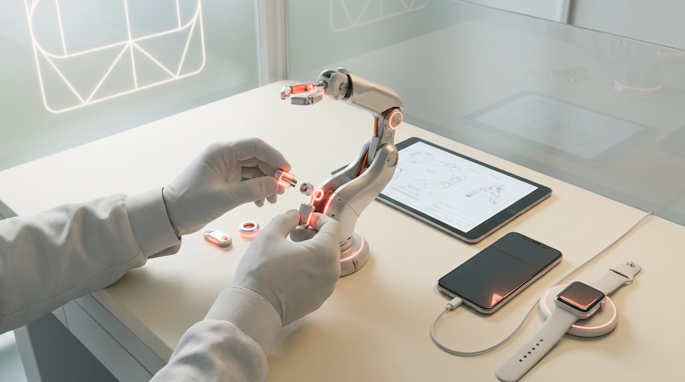 Inżynier w nowoczesnym warsztacie ostrożnie sprawdza ramię robota-asystenta AI.